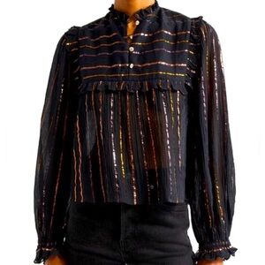 NWT Farm Rio Black Metallic Pleated Yoke Long Sleeve Blouse Sz S
